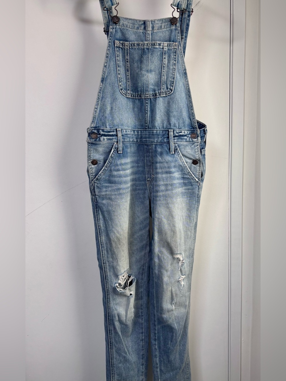Abercrombie & Fitch Light Blue Distressed Denim Overalls - XS